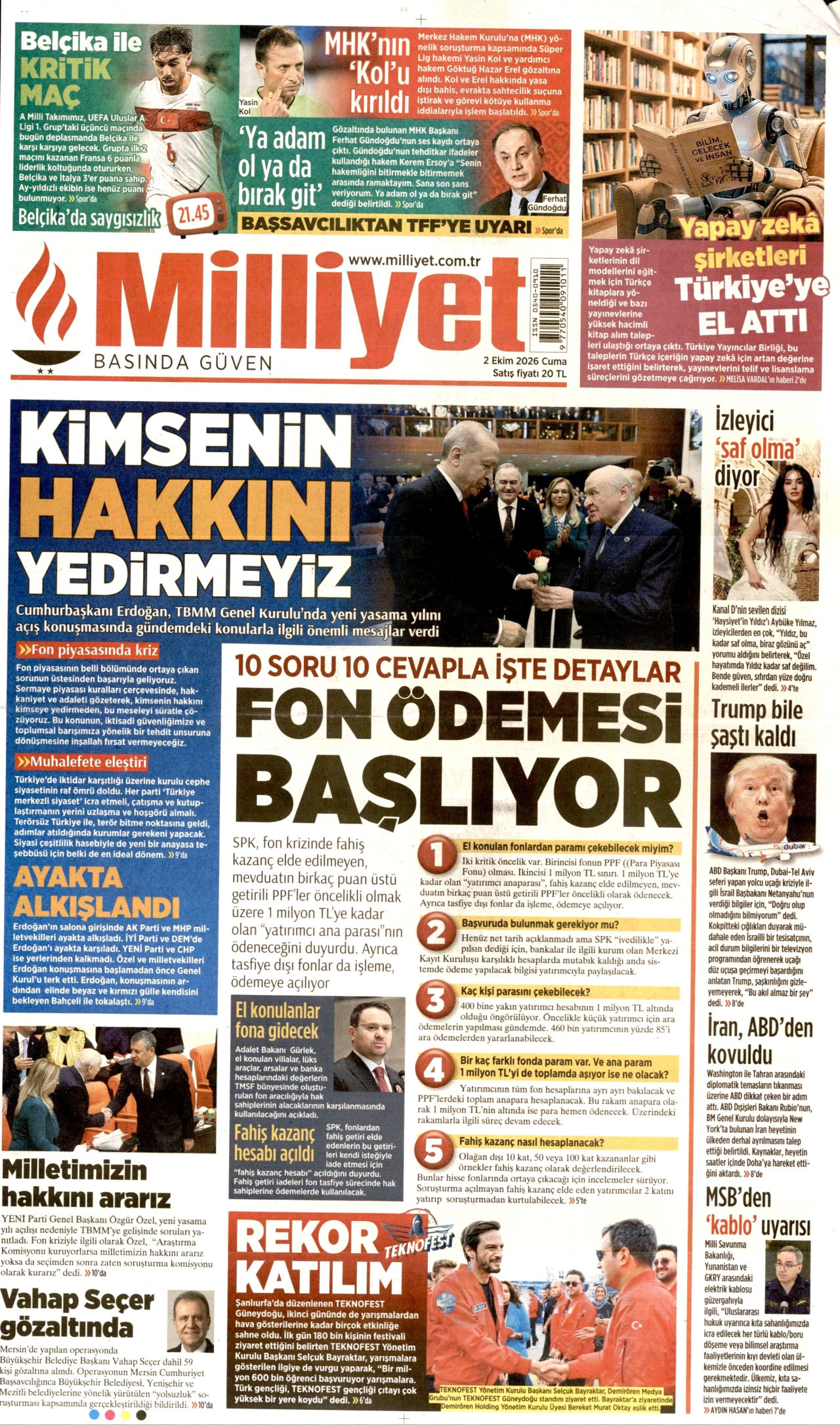 MİLLİYET gazetesinin 2 Ekim 2026 tarihli birinci sayfası