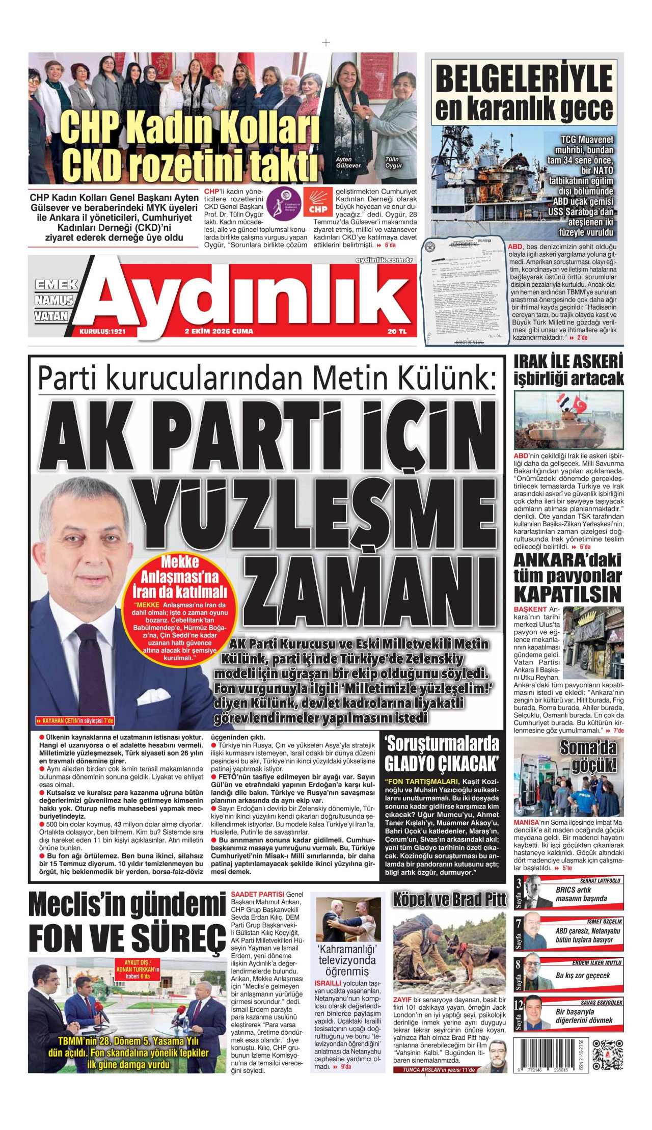 AYDINLIK GAZETESİ gazetesinin 2 Ekim 2026 tarihli birinci sayfası