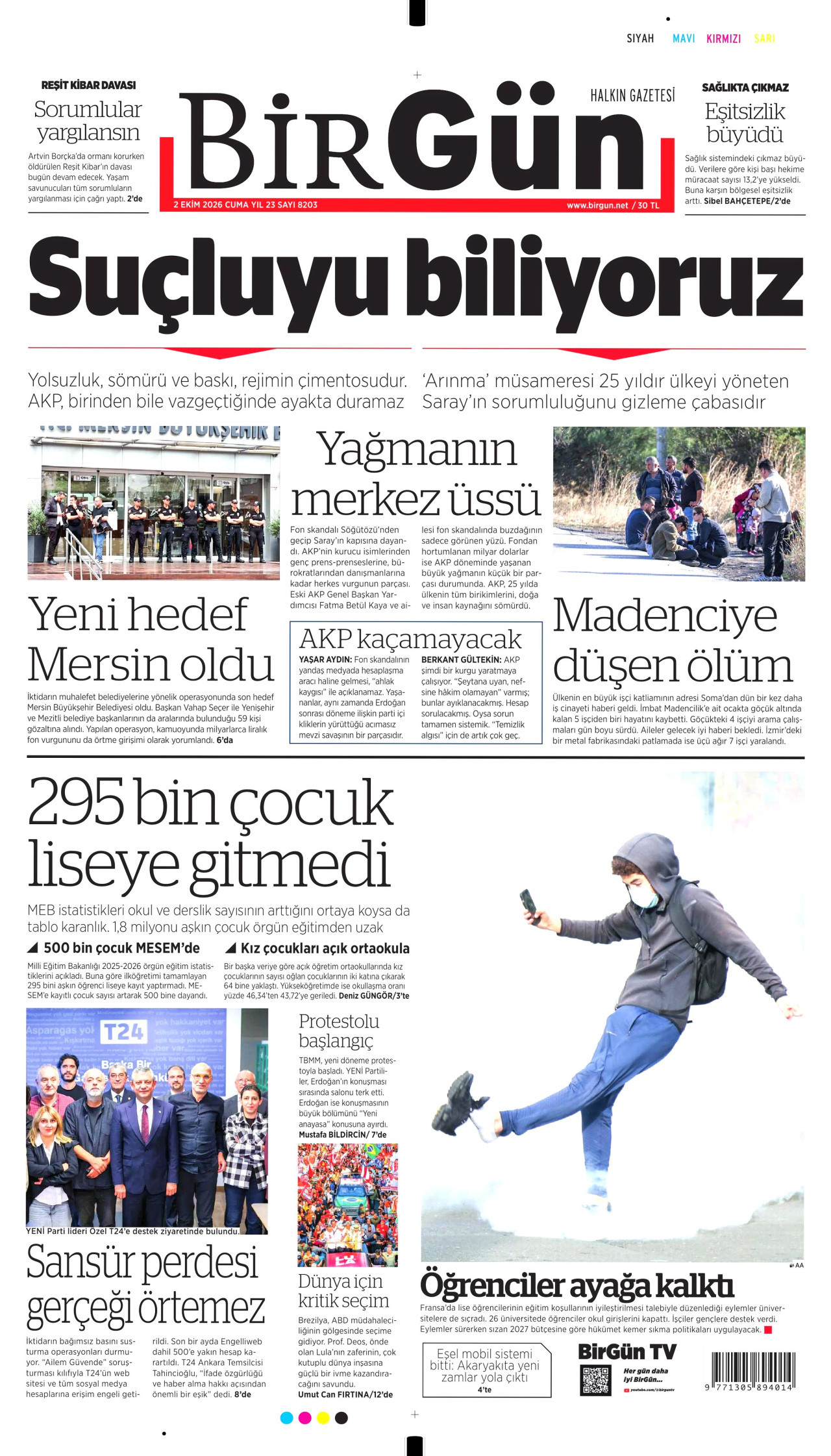 BİRGÜN gazetesinin 2 Ekim 2026 tarihli birinci sayfası