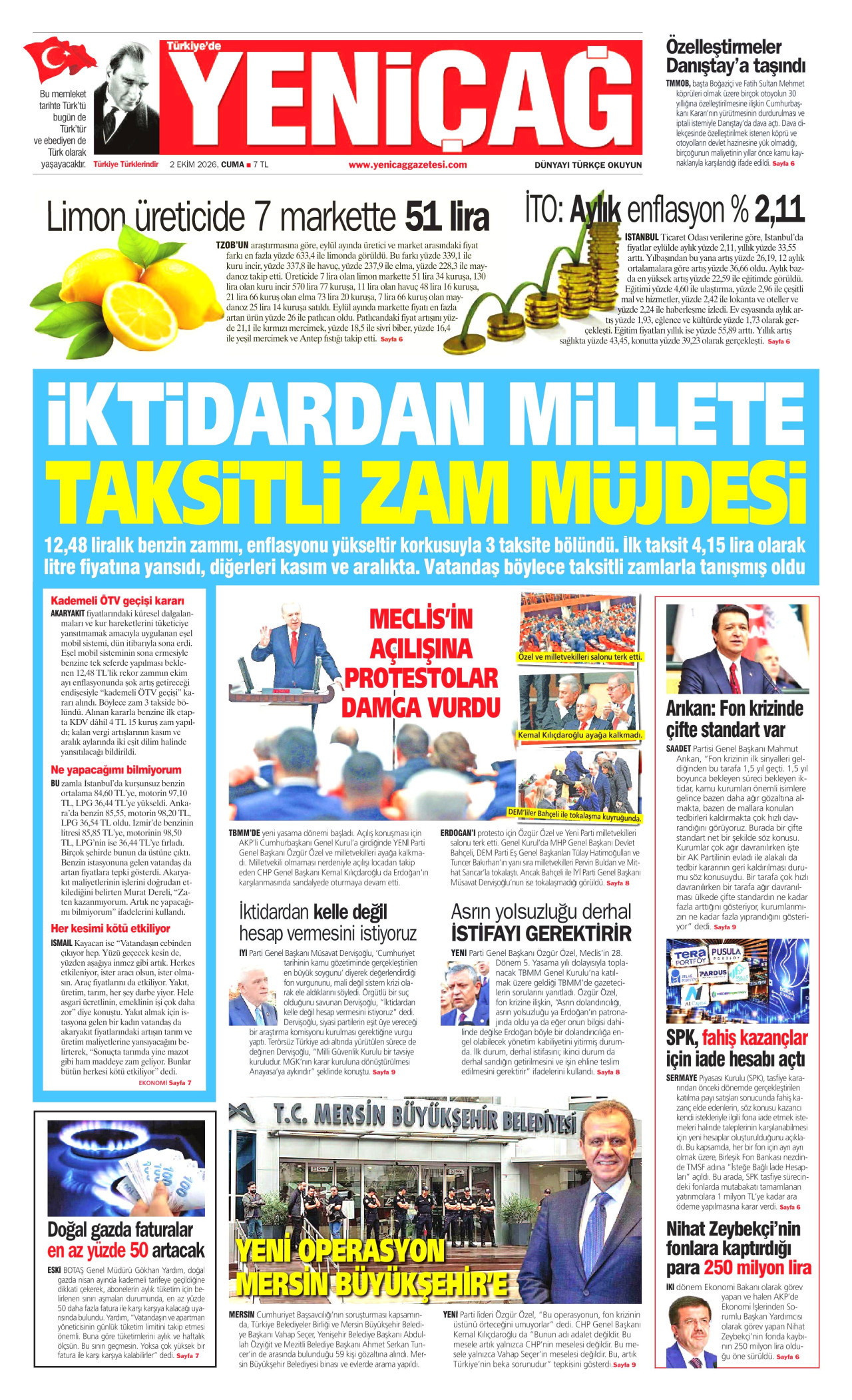 YENİÇAĞ gazetesinin 2 Ekim 2026 tarihli birinci sayfası