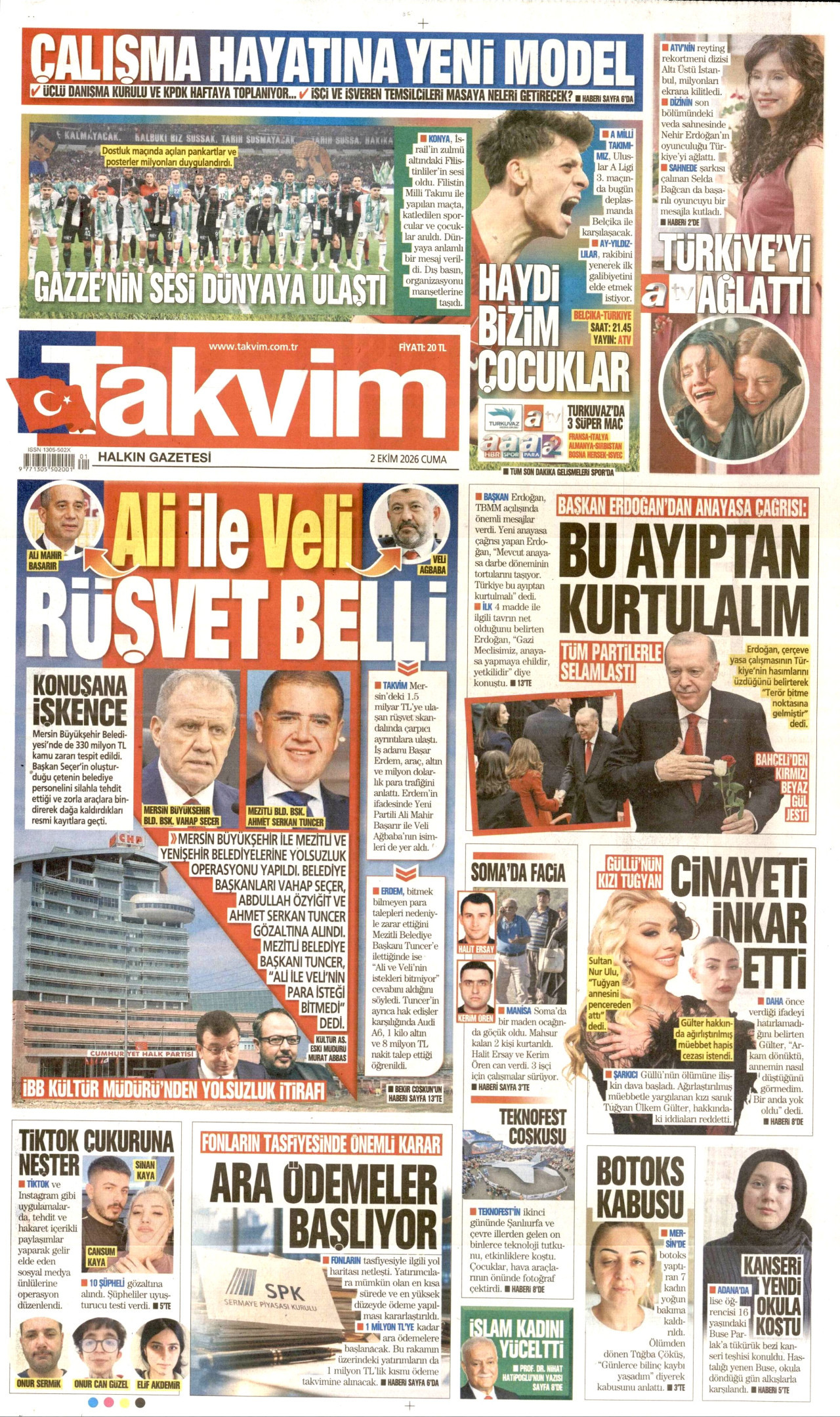 TAKVİM gazetesinin 2 Ekim 2026 tarihli birinci sayfası