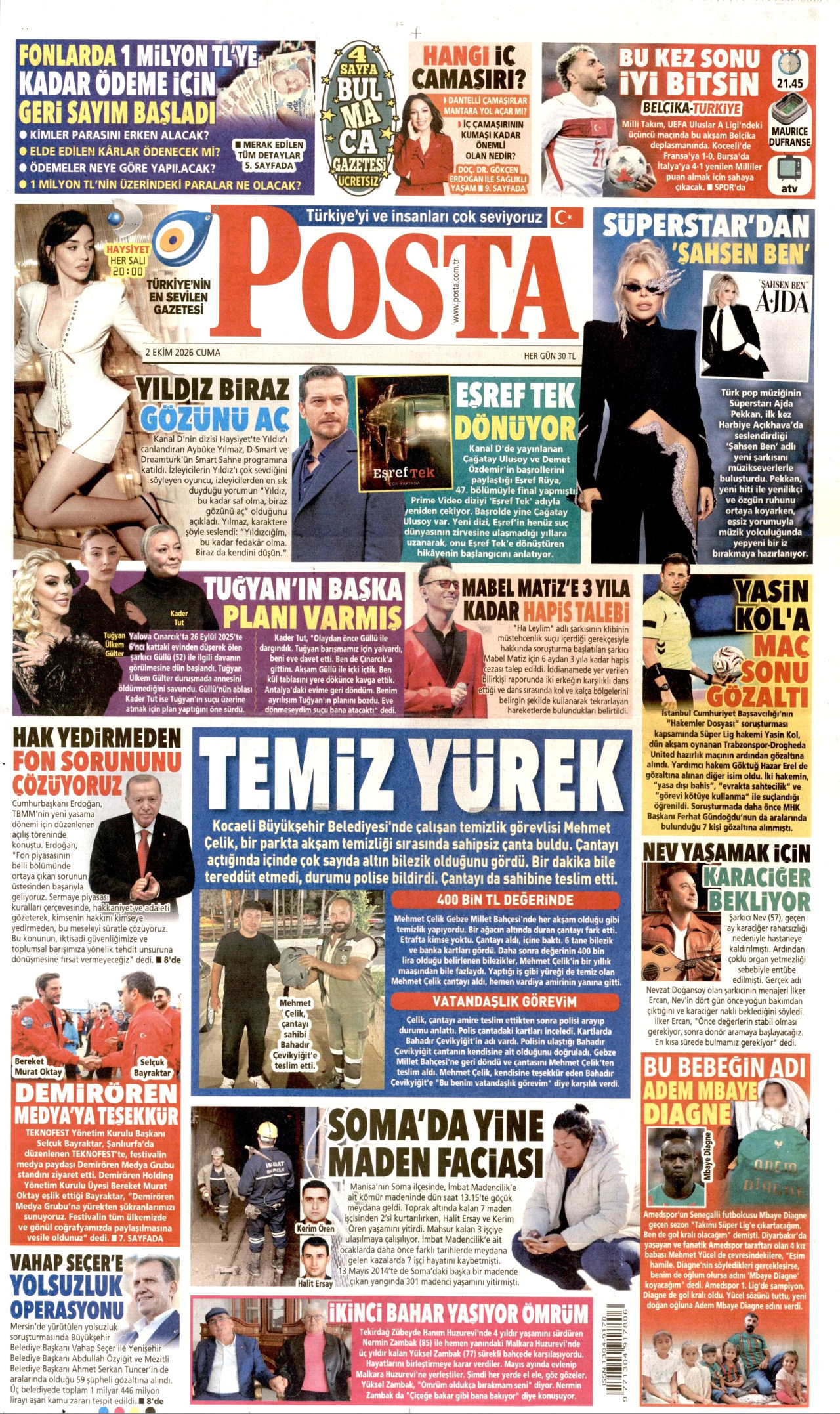 POSTA gazetesinin 2 Ekim 2026 tarihli birinci sayfası