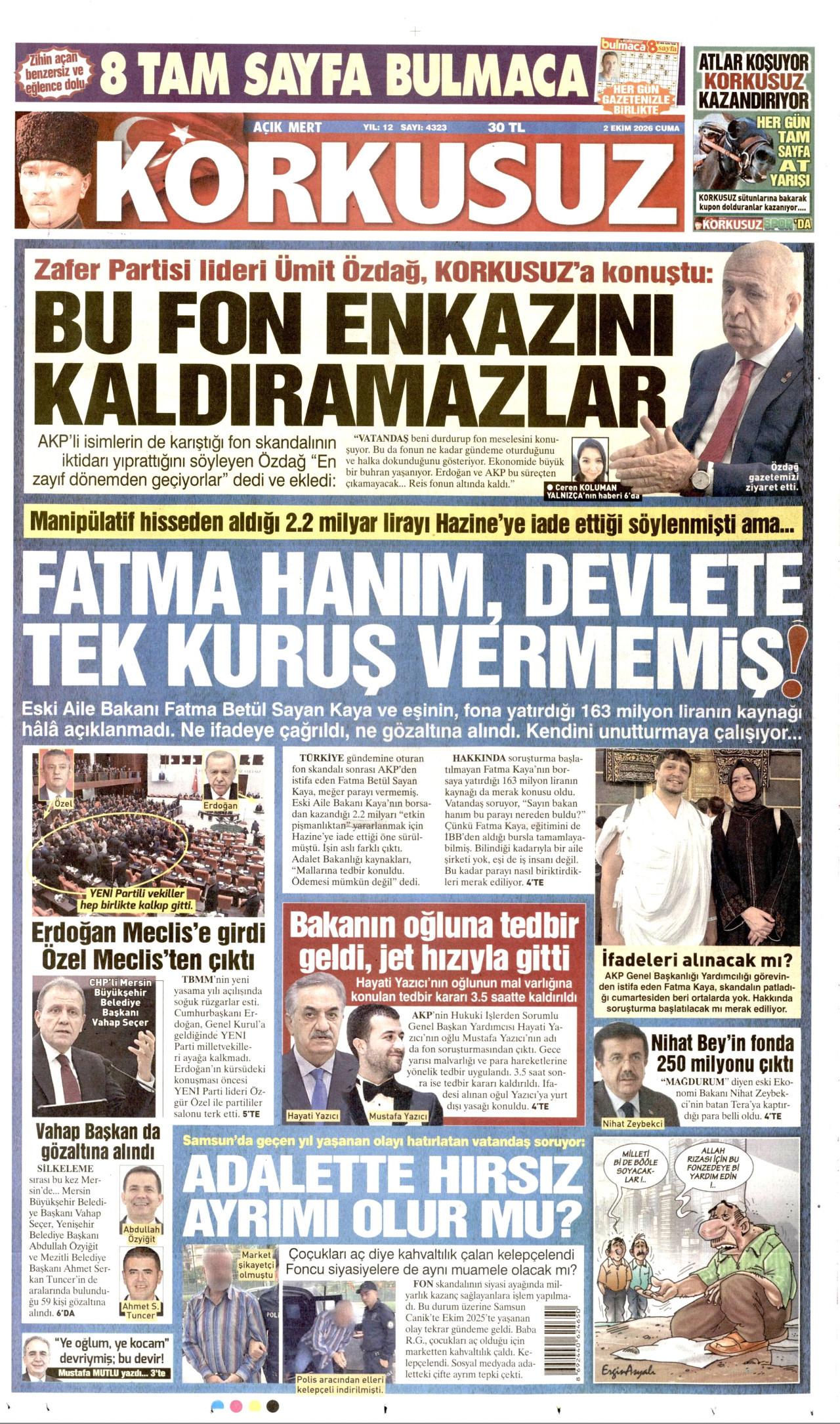 KORKUSUZ gazetesinin 2 Ekim 2026 tarihli birinci sayfası